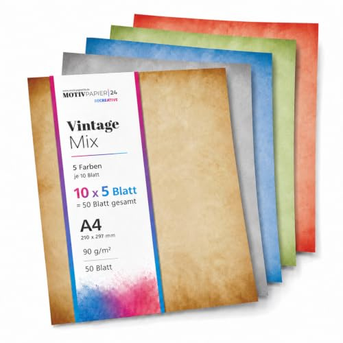 50 x Bastelpapier (A4) - Vintage Mix (rot grau blau beige grün) Papier | Buntes Set zum Bedrucken und Basteln beidseitig bedruckt DIY Schatzkarte EInladung Retro Urkunde
