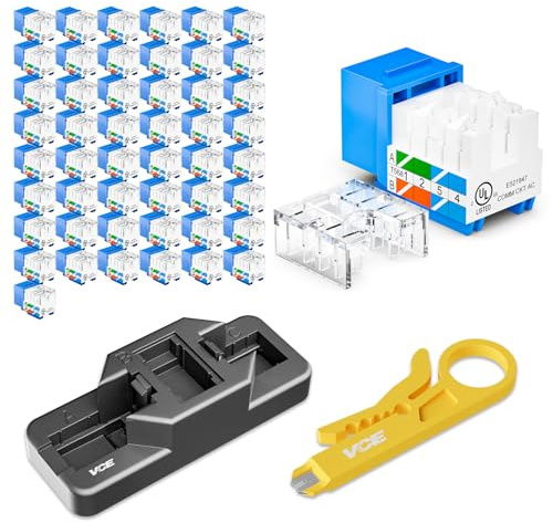 VCE RJ45 Cat6 Keystone Jacks UL Listed 50-Pack, UTP Ethernet Keystone Jacks with Keystone Punch Down Stand Tool and Wire Stripper Cutter, Blue