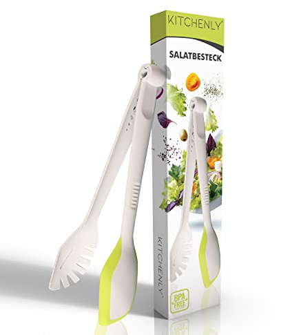 Salatbesteck Kunststoff und spülmaschinenfest, Innovative 3in1 Funktion Spaghettizange und Küchenhelfer, Servierbesteck für Salat, Pasta, Grill & BBQ, BPA-frei und Camping