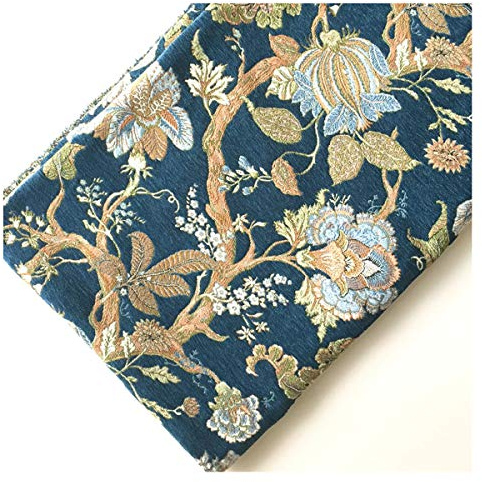 Schwerer Chenille Möbelstoff Meterware Blumenmuster Bezugsstoff Polsterstoff 150cm Breit zum Nähen, Sofa, Vorhang, Stuhlsitzbezug, DIY Basteln(Color:BLAU)