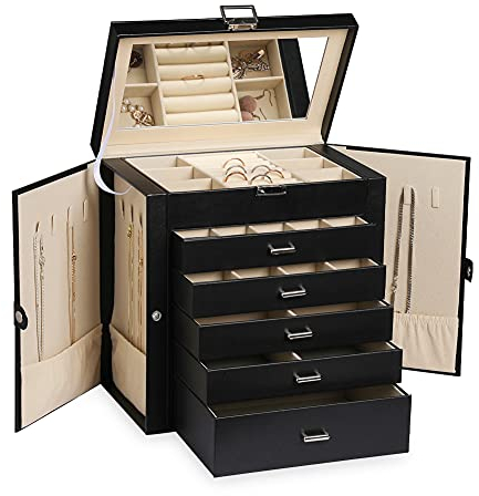 Frebeauty Große Schmuckschatulle, 6-stöckig, PU-Leder, Schmuck-Organizer, multifunktionale Aufbewahrungsbox mit Spiegel, Zubehörhalter mit 5 Schubladen für Halsketten, Armbänder, Uhren (schwarz)