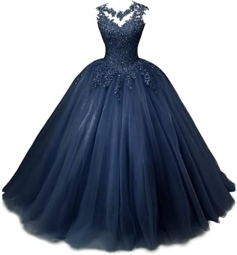 Xinaier Dam, elegant, spets, tyll, aftonklänning, festklänning, lång balklänning, Quinceanera-klänningar, Marinblå, 52