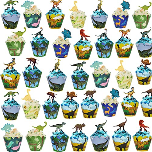 VEGCOO 72 Stück Dinosaurier Cupcake Wrappers & Toppers - Muffinform Papier Backen Dinosaurier Figuren, Kuchen Dekoration für Kinder Party & Geburtstag Tortenheber