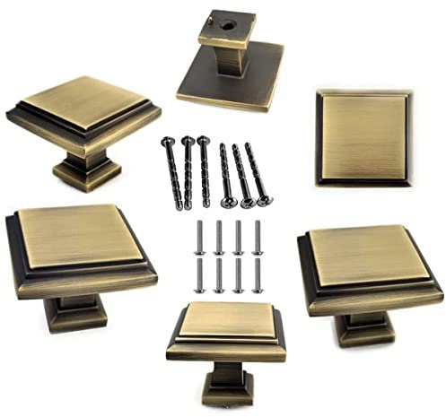 French Furniture Fittings Set of 6 Matt Antique Brass Art Deco Square Kitchen and Bedroom Furniture Knobs 32mm Square
