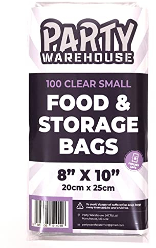 Party Warehouse - 100 Clear Small Food Storage and Freezer Bags - 8X10 - 20cm X 25cm - Great for Sandwiches, Snacks, Food Storage and Kitchen Organisation - Disposable Poly Bags