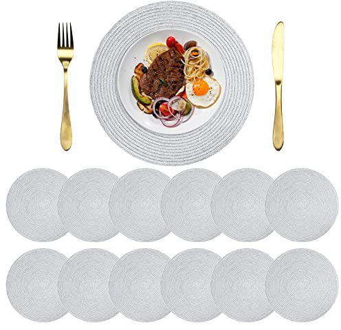 NAKIHOUSE Tischsets Abwaschbar Rund Geflochten Silber Tischset 12er Set | 38cm Platzsets Abwischbar, Rutschfest, Hitzebeständig Schmutzabweisend Platzdeckchen für Hochzeit, Restaurant, Küche