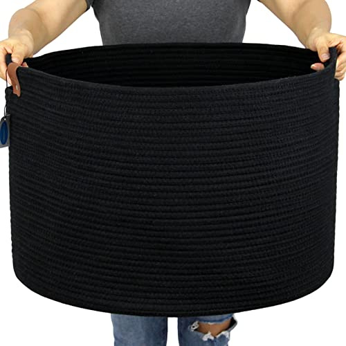 Casaphoria XXXLarge Cotton Rope Basket for Living Room - Woven Storage Basket with Handle for Blankets, Towels and Pillows Laundry Hamper | Dark Black (21 x 21 x 13.8)