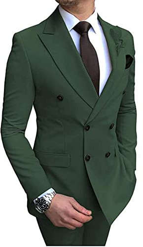 2 PZ Regular Fit Vestito Degli Uomini Doppio Petto Tacca Risvolto Sposo Smoking Giacca Pantaloni Business Suit Abito Da Sposa, Verde scuro, 102