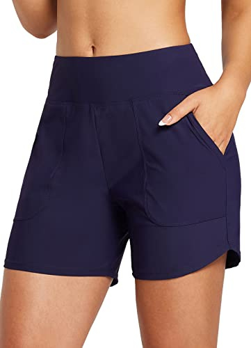 baleaf Badshorts för kvinnor, magkontroll, UPF50+ badbyxor, snabbtorkande simbyxor, hög midja, simunderdel med fickor, B Blue, XL
