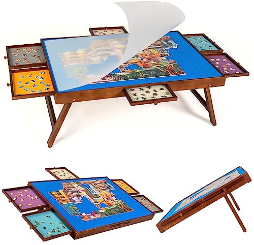 Tektalk Tavolo puzzle con 6 cassetti colorati, puzzle board con coperchio, memorizzazione per 1500, 1000, 500 pezzi di puzzle