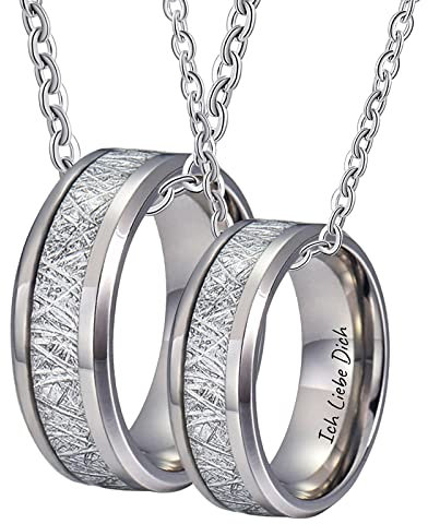 Halskette Partner mit Gravur aus Wolfram, 8MM Ring Anhänger Kohlefaser Gravur Ich Liebe Dich Partner Ketten Preis für 2, Silber, Damen 54 Herren 62, 60cm & 50CM Länge
