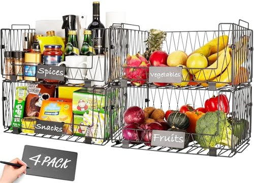 Dxlac XXL-Küchenorganisation und -aufbewahrung, Speisekammerkörbe, Obst- und Gemüsekorb für Küchenschrank, stapelbare Drahtkörbe für Snacks, Chips, Zwiebelkartoffeldosen, 4 Packungen