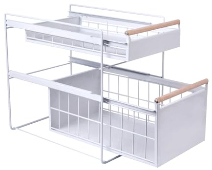 Luchs – 2 Etagen Organizer mit Schublade für die Spüle, ausziehbarem Korb und Gewürzregal. Vielseitig einsetzbar - Ideal für Küche, Badezimmer, Schlafzimmer, Speisekammer und Büro. (Weiss)