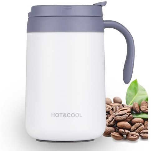 SCJHMY Tasse 500ml, Thermosbecher aus Edelstahl, Thermobecher mit Deckel und Henkel, Doppelwandiges Vakuum ReiseBecher, Camping Mug, Isolierte Kaffeetasse aus Edelstahl (Weiß)