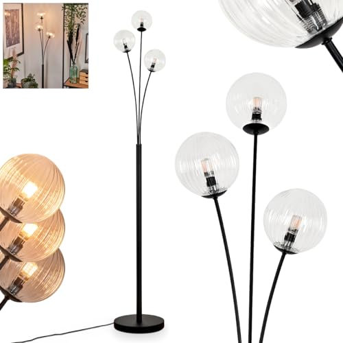 Stehleuchte Bernado, Stehlampe aus Metall/Riffelglas in Schwarz/Klar, Leuchte im modernen Retro/Vintage-Design mit Schirmen aus Glas (Ø 12 cm), dimmbar über Fußschalter, 3 x G9, ohne Leuchtmittel