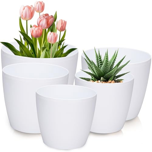 PECZEKO Blomkruka glänsande, set om 5 blomkrukor, 12/13/15/18/21 cm planteringskruka av ytterkruka plastkruka för, stora och små växter, set om 5 blomkrukor, örtkruka, vit