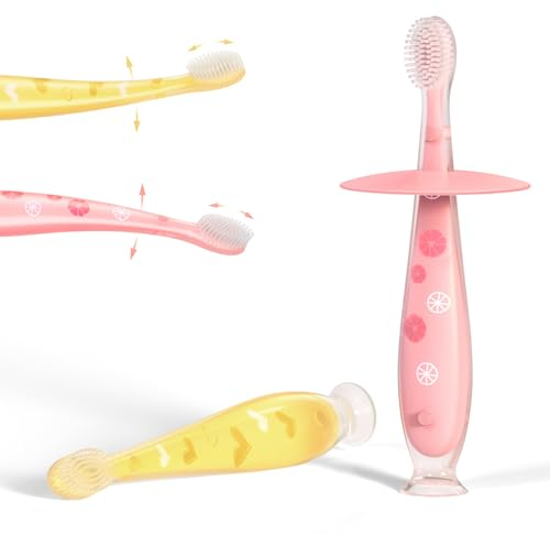 Baby Zahnbürste, 2 Stücke Baby Toothbrush für 2 Monate - 5 Jahre Kinder Silikone Zahnpflege Zahnbürste Mundpflege Putztrainer Superweiche und Zahnfleischmassage - Babyzahnbürstenset (Gelb & Rosa)