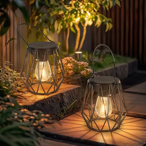 Ketom Farolillos Solares Exterior, 2 Lamparas Solares LED Farol Solar Jardin Diamante Colgante, Metal IP65 Impermeable Decoracion para Patio Terraza Césped Camping Halloween