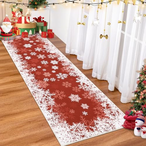 Yeeffia Romantischer Weihnachtsteppich mit Farbverlauf-Schneeflocke in Rot rutschfest für Wohnzimmer Esszimmer Schlafzimmer Küche Flur Büro Modernes Zuhause Dekorativer, 60 x 180 cm