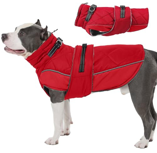 Katzinst Hunde Wintermantel XXL mit Sicherheitsschnalle, Warmer Hundemantel Wasserbeständig für Große Hunde Dobermann, Labrador,Outdoor-Camping, Wanderbedarf, Rot, 2XL
