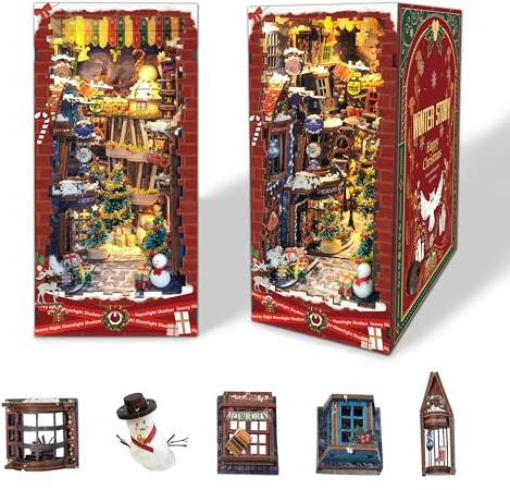 STRUCWOOD Christamas Book Nooks DIY Dollhouse Kit for Adults Bookshelf Decor with LED Lights 3D Wooden Puzzle Model Booknooks Kits Gifts for Family,Friends (Snowy Night)