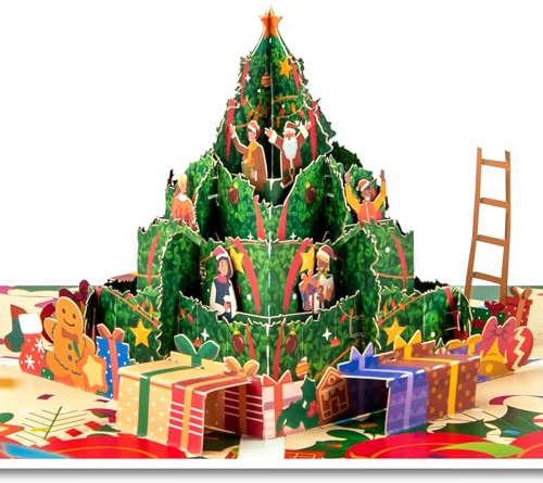 GREETING ART Pop-Up Weihnachtskarte Weihnachtsbaum - 3D Weihnachtsgrußkarte mit Tannenbaum & Geschenken für Kinder, Frau, Mann, Frohe Weihnachten Karte, Geschenk für Weihnachten