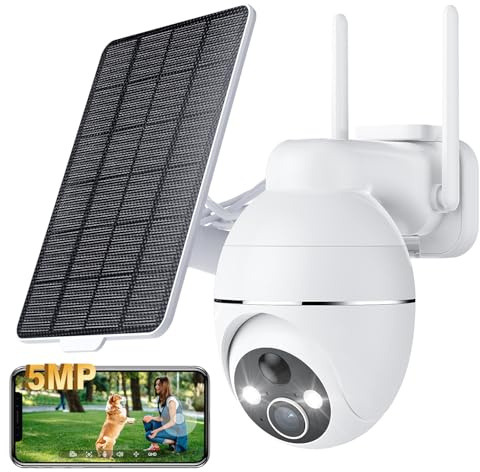 YESKAMOU 3K 5MP Überwachungskamera Akku drahtlose WiFi Außenkamera, 360° PTZ-Überwachungskamera mit Solarpanel, 2.4GHZ&Bluetooth, Farb-Nachtsicht, PIR-Alarm, Bewegungserkennung