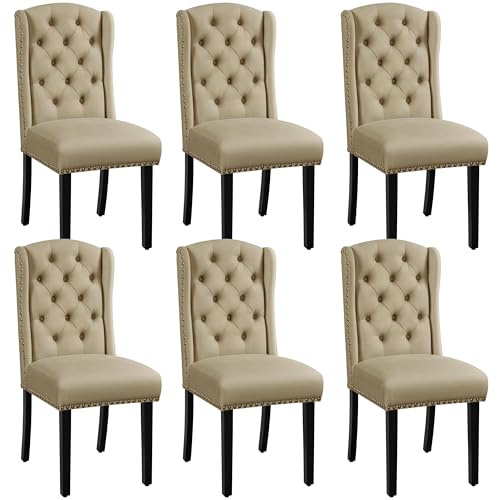 Yaheetech Upholstered Fabric Modern Dining Chairs Set of 6 Button Tufted Kitchen Chairs with Wooden Legs for Dining Room/Apartment, Khaki