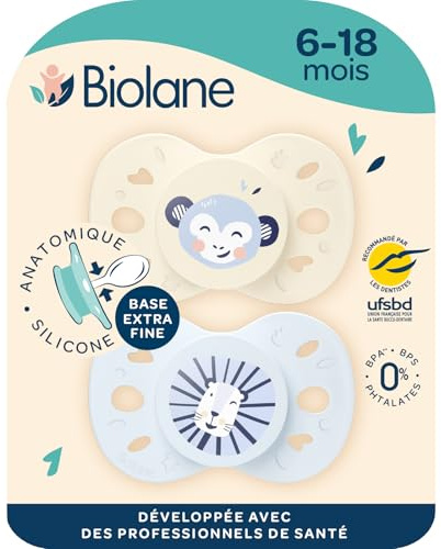 BIOLANE - Tétines anatomiques animaux - Sucettes extra-fines - 6 à 18 mois- Bleu et Beige - Téterelle plate et réversible- Confort optimal- Respect du développement bucco-dentaire