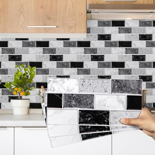 Decoroom Tile Stickers Black White 24pcs/15x30cm Peel and Stick Vinyl Brick Self Adhesive Wall Tiles Waterproof DIY Home Decor Stick on Kitchen Transfers Bathroom Backsplash