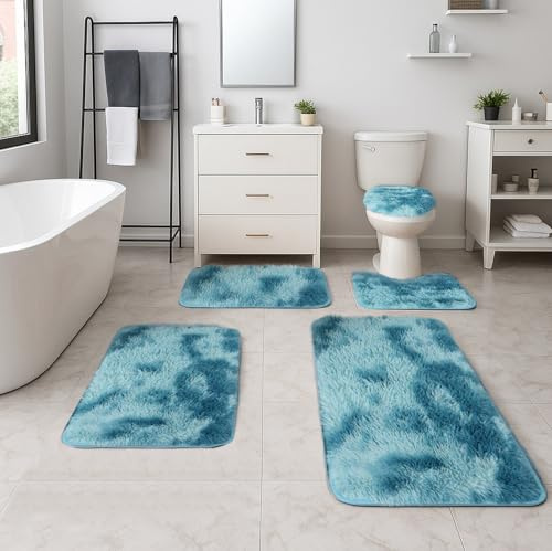 Heavyoff Badezimmerteppich Set 5 Teilig, Mikrofaser Saugfähige Badewannenmatte und WC Vorleger, Antirutschmatte Badewanne, Maschinenwaschbar Badvorleger für Badezimmer, Batik Blau