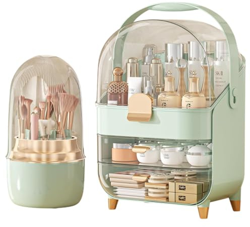 RYDR Multi-Purpose Makeup Organiser Case with Rotating Brush Holder - Dustproof Cosmetic Storage Box for Skincare Products, Jewellery, Perfumes, Lipstick for Bedroom Bathroom Countertop (Green/Gold)