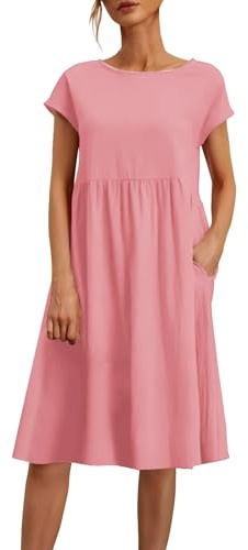 Oyuchga Sommerkleid Damen Große Größen Leinen Baumwolle Shirtkleid Elegant Einfarbig Kurzarm Blusenkleid Casual V-Ausschnitt/Rundhals Locker Leinenkleid Bequeme Leicht Freizeitkleid(C Rosa,XL)