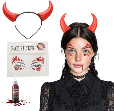 Festicy Teufel Haarreif Set I Teufel Hörner mit 25 ml Fake Blut und Gesicht Sticker I für Teufel Kostüm Damen, Teufel Kostüm Kinder, Teufel Kostüm Herren I devil horns für Halloween & Party
