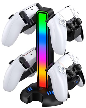 Chargeur compact pour manette PS5, double station de charge avec lumière LED, station de charge rapide prend en charge 4 manettes de jeu, port de charge USB supplémentaire pour accessoires de jeu