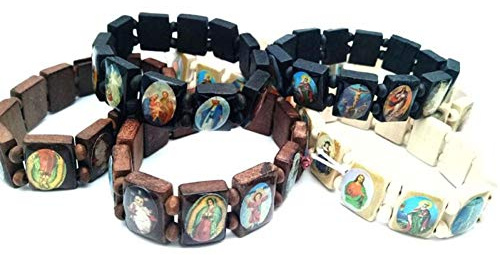 Fituenly 4 Pcs Wooden Jesus Bracelet Elastic Stretch Bangle with Pictures of Religious Saints Catholic Holy Gods Goddess Prayer Manifestation Bracelet