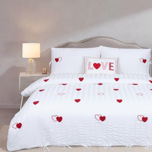 Heart Duvet Cover Set Seersucker Red Bow Girls White Double Embroidered | Luxury Duvet Sets, Textured Romantic Bedding Set for Girly Bedroom Valentines Day Gift Feminine for Summer Spring 3 Pieces