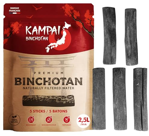 KAMPAI Aktivt kolvatten | Filtrera upp till 4,5 l/pinne | naturlig binchotan | vegetabilisk renare ekologisk filterkaraff - 6 månaders rening av vattenkranen glasflaska (5 pinnar x 2,5 l)