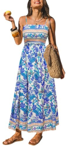 CUPSHE Robe longue d'été smockée pour femme, sans manches, avec bretelles fines et volants, pour plage ou occasions formelles