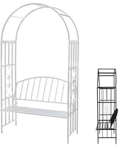 QYANPEN Gartenbogen mit Bank für 2 Personen, Metall-Gartenlaube mit Sitzbank, 206 cm großes Gartenspalier für Kletterpflanzen, schwarzes Rosenbogen-Spalier, weiß (weiß)