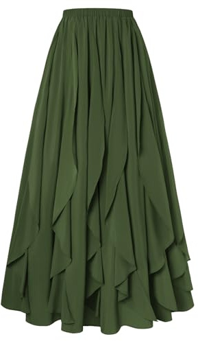Damen Maxirock Hohe Taille A-Linie Dunkelgrün Rüschenrock Halloween Cosplay Viktorianischer Rock S