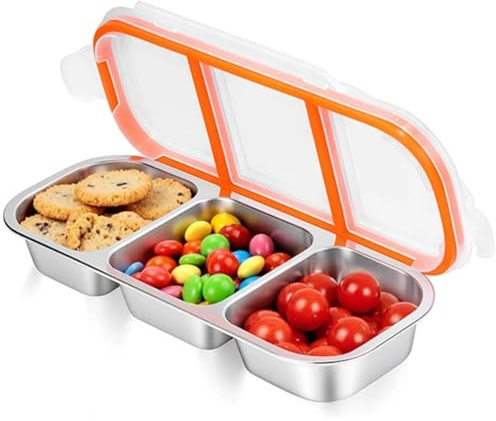 Hyunlai Caja apilable de acero inoxidable para aperitivos, recipientes de alimentos con separadores y tapas, lonchera estilo bento para escuela, oficina, viajes (3 compartimentos)