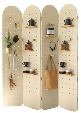 IYUESQ Biombo de Tablero Perforado de 2 a 5 Paneles, Separador de ambientes con Estante, Plegable, para Dormitorio, Bazar, joyería (Color Madera, 180 x 40 cm, 4 Paneles)