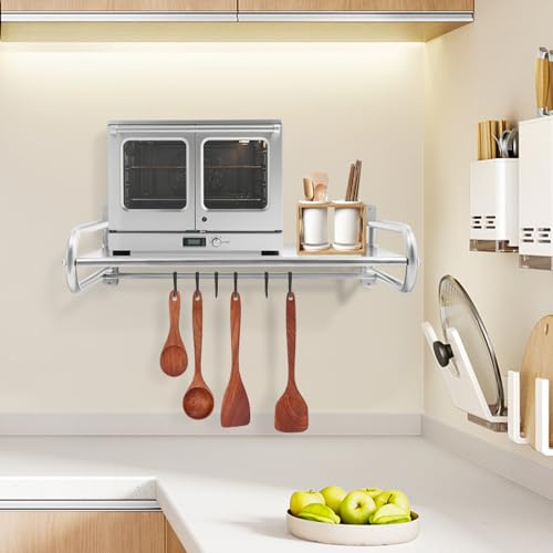 WindWilder Stainless Steel Microwave Oven Shelf with 6 Hooks, 58x38x18cm, 20kg/44lbs Wall Mounted for Kitchen Storage, Silver