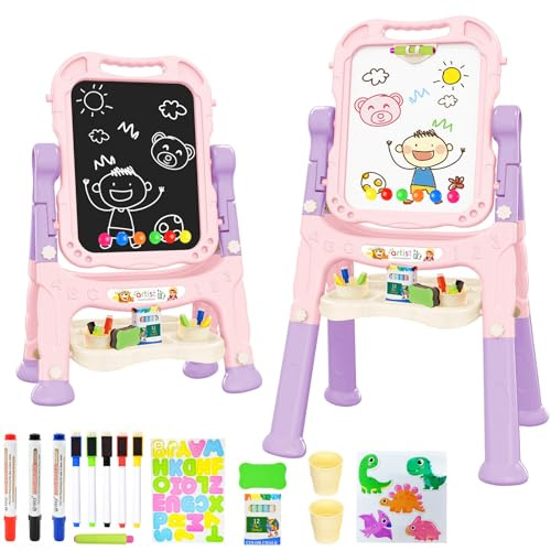 Amagoing Easel for Kids, Adjustable Standing Art Easel for Toddler, Double Magnetic Drawing Board with Painting Accessories, Birthday Christmas Gift for Little Boys Girls, Middle Size (Purple Pink)