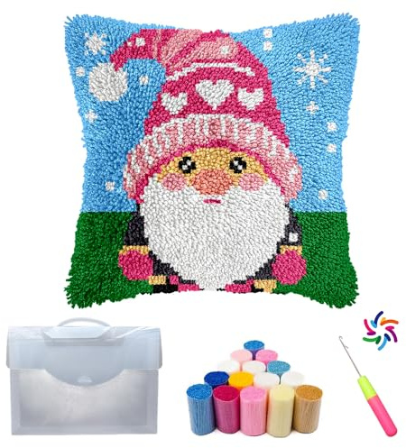 Cozykeke Gnome Latch Hook Kit,DIY Pillow Cover Cushion Craft Kits with Pre-Printed Canvas for Adults and Beginners, Suitable for Home Decor and Festival Gift 17 * 17in (BX1600)