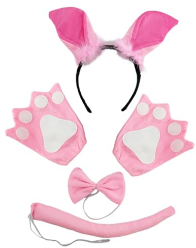 LRXIYODE Cosplay Schwein Kostüm Set Süßer Schweineohren Haarreif mit Fliege und Handschuhen für Halloween Karneval Party Bühnenauftritte