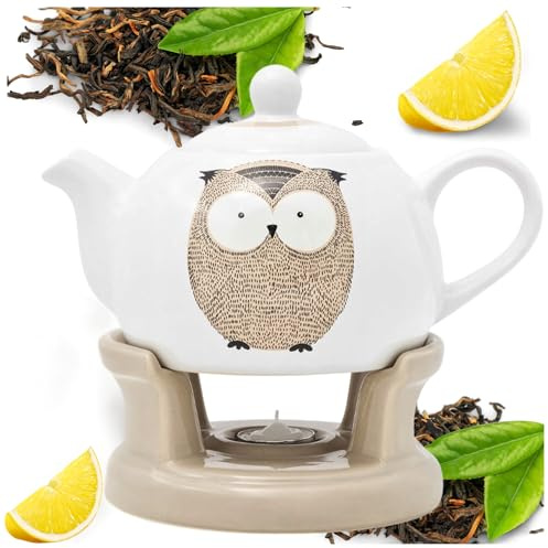 Keramik Teekanne mit Stövchen 1 L – Teekanne mit Teewärmer zum Aufbrühen & Servieren von Tee – Elegantes Teeservice aus Keramik für losen Tee & Teebeutel (Eule)