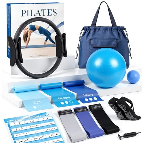 GINMIC Pilates Equipment, Pilates Kit for Women Home Workouts, at Home Pilates Set with Pilates Ring, Pilates Ball, Long and Loop Resistance Bands, Pilates Socks, Massage Ball, Guide & Bag