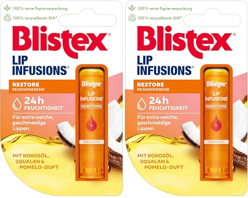 Blistex Lip Infusions Restore | Reichhaltige Lippenpflege | 2 x 3,7 g | Mit Squalan, Kokosöl & Bienenwachs | Ohne Mineralöle | Praktischer Stick | Frischer Pomelo-Duft
